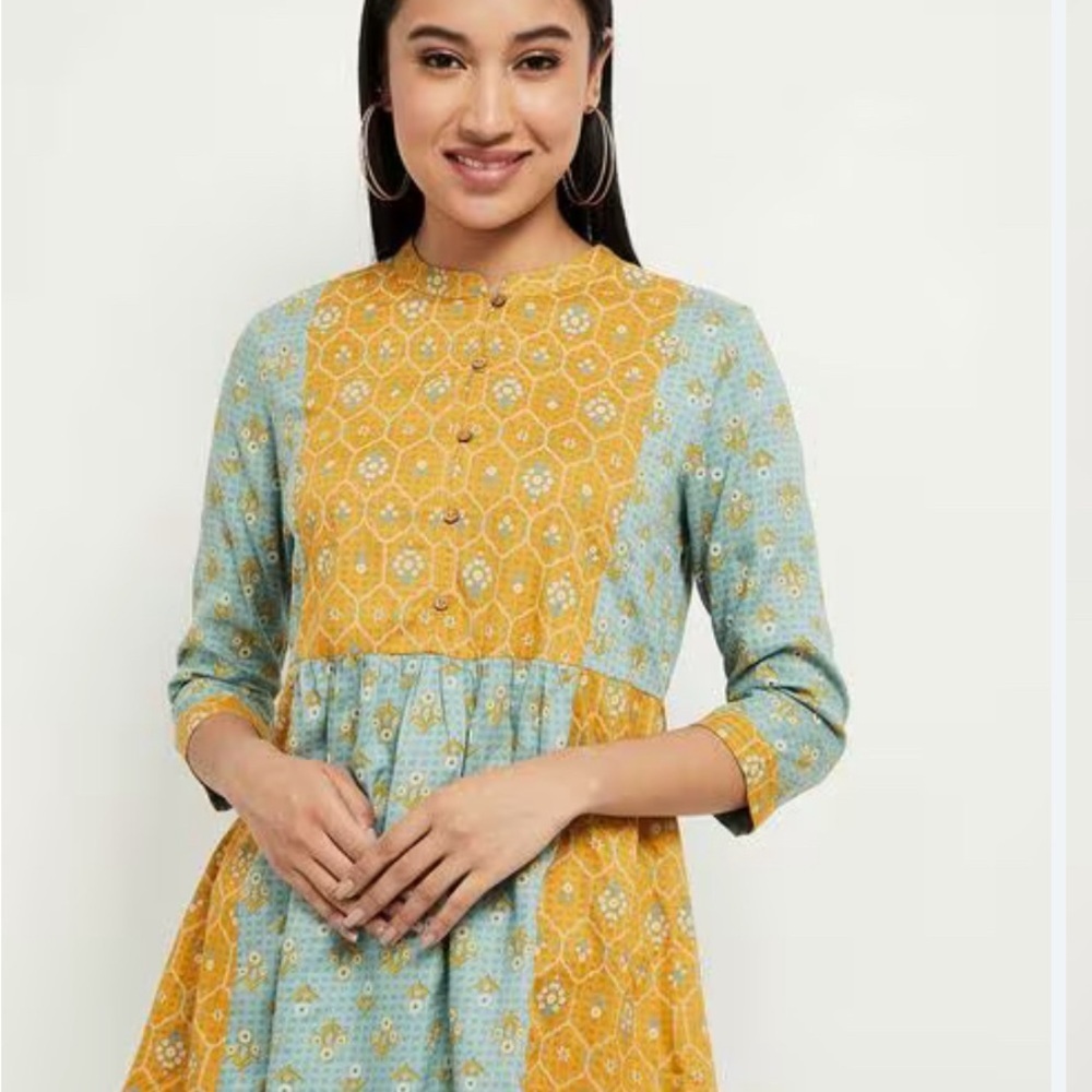 Max Womens Tunic Top XL Blue Yellow Floral Mixed Print Babydoll 3/4 Sleeve Boho
